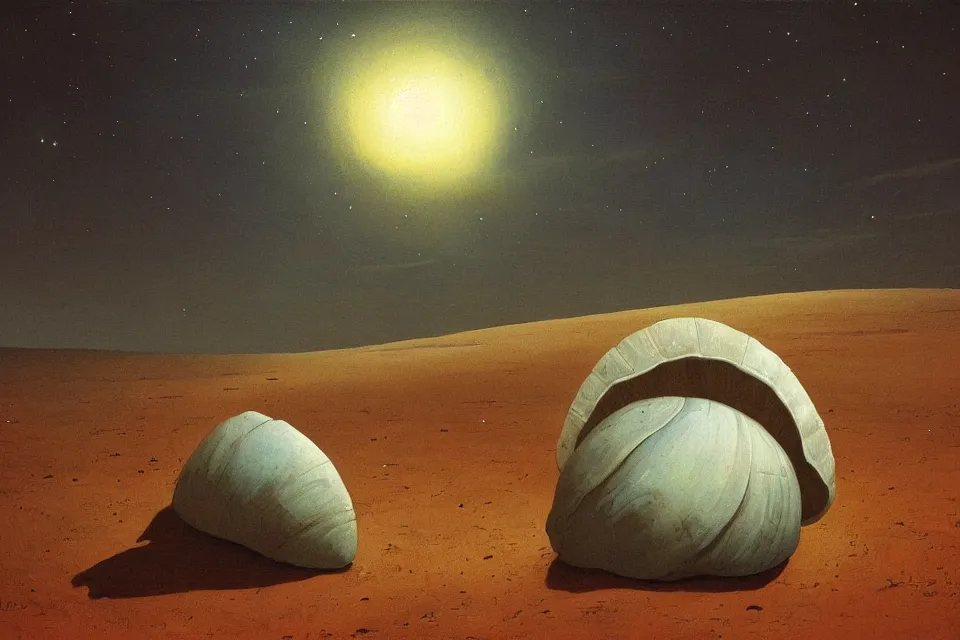 Prompt: sci fi atmospheric landscape painting of a giant seashell in middle of the desert at night, painted by john harris and moebius