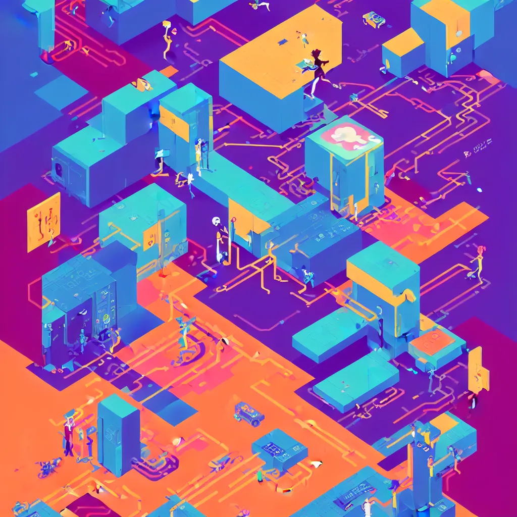 Image similar to an illustration of a micro-service deployed to a datacenter, architecture, symbol, road, connector, defence, wall, cloud, security, cyber, attack vector, trending on Artstation, painting by Jules Julien, Leslie David and Lisa Frank and Peter Mohrbacher and Alena Aenami and Dave LaChapelle muted colors with minimalism