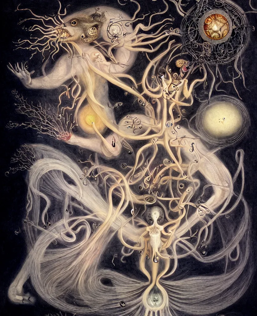 Image similar to whimsical freaky creature sings a unique canto about'as above so below'being ignited by the spirit of haeckel and robert fludd, breakthrough is iminent, glory be to the magic within, painted by ronny khalil