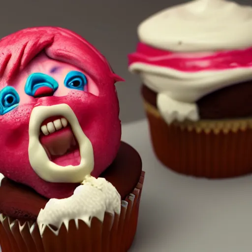 Image similar to ice cream cupcake shaped like screaming chucky doll, octane render, centered, ultrarealistic