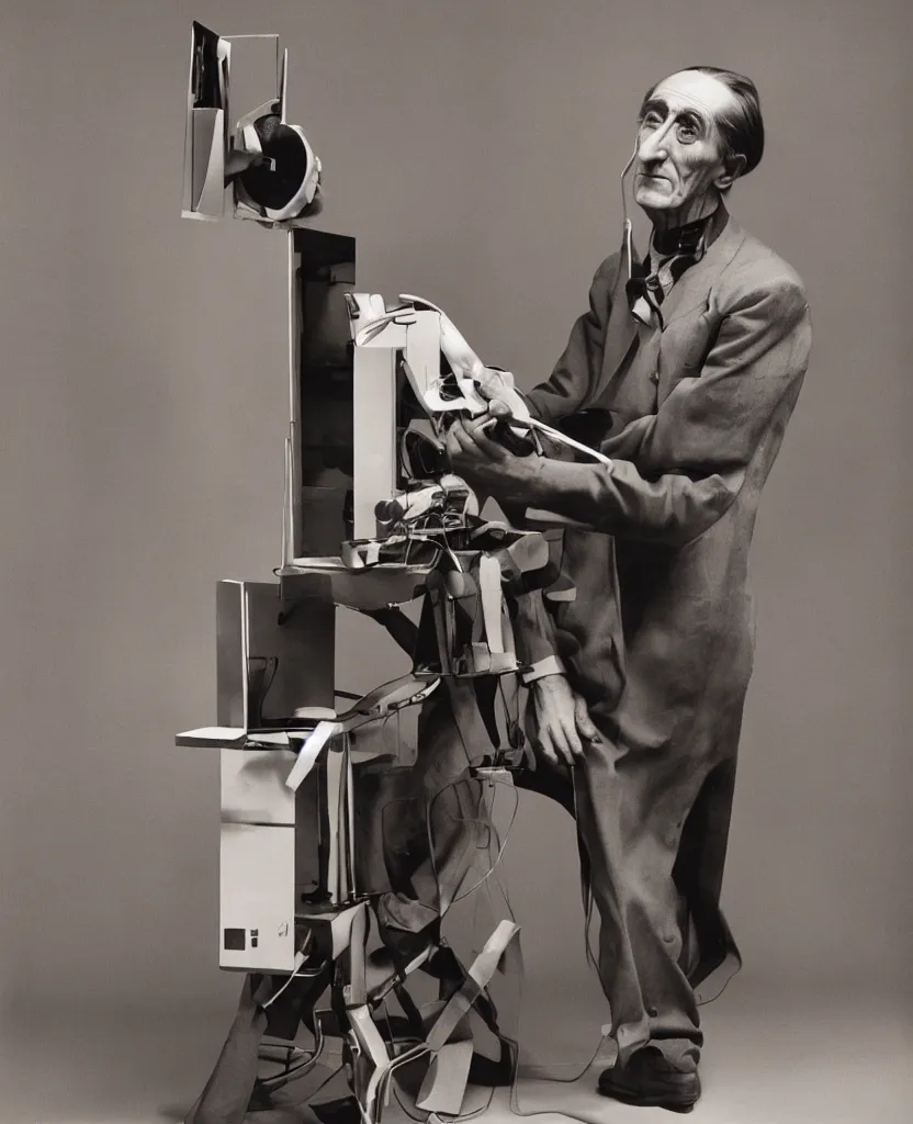 Prompt: Kodachrome portrait of Marcel Duchamp with a technological machine, archival pigment print in the style of Viviane Sassen, studio shooting, contemporary art