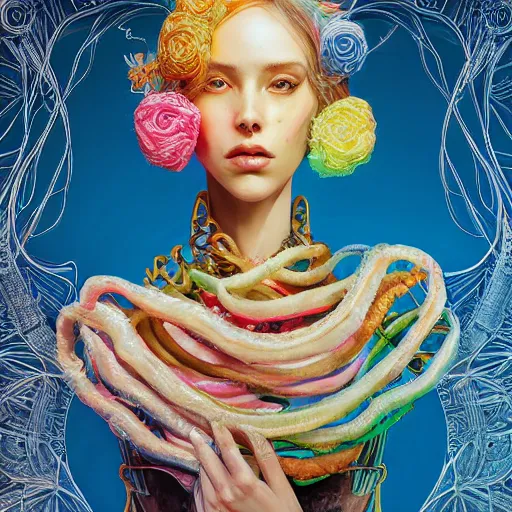 Image similar to the portrait of a ridiculously beautiful and elegant european woman partially made of onion rings of all colors, an ultrafine detailed illustration by james jean, final fantasy, intricate linework, bright colors, behance contest winner, vanitas, angular, altermodern, unreal engine 5 highly rendered, global illumination, radiant light, detailed and intricate environment