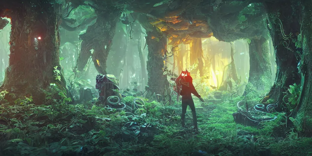 Prompt: 3 d scene of forest portal modelling. woodsman wearing a steampunk and neonpunk mechanical fluorescent mystical animal mask. betta fish, jellyfish phoenix, bio luminescent, plasma, ice, water, wind, creature, artwork by tooth wu and wlop and beeple and greg rutkowski, ambient occlusion, award winning photograph, epic cinematic shot