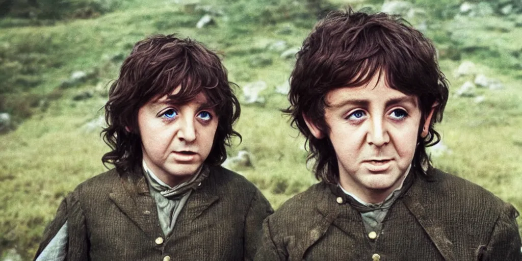 Image similar to A full color still of young Paul McCartney in Hobbit makeup and costume, in The Lord of the Rings directed by Stanley Kubrick,