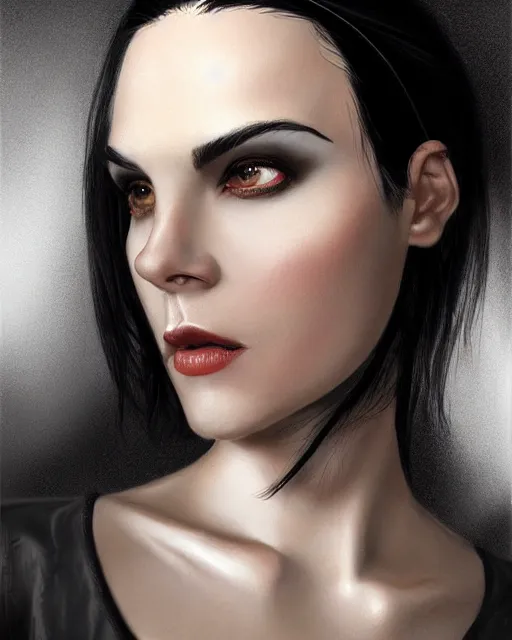 Image similar to portrait of a tall 4 0 - year - old woman with thin lips, long, lush black hair like a crown black, and thick eyebrows, wearing in black clothes, hyper realistic face, beautiful eyes, character art, art by mark brooks, hyperdetailed, cryengine, trending on artstation, digital art