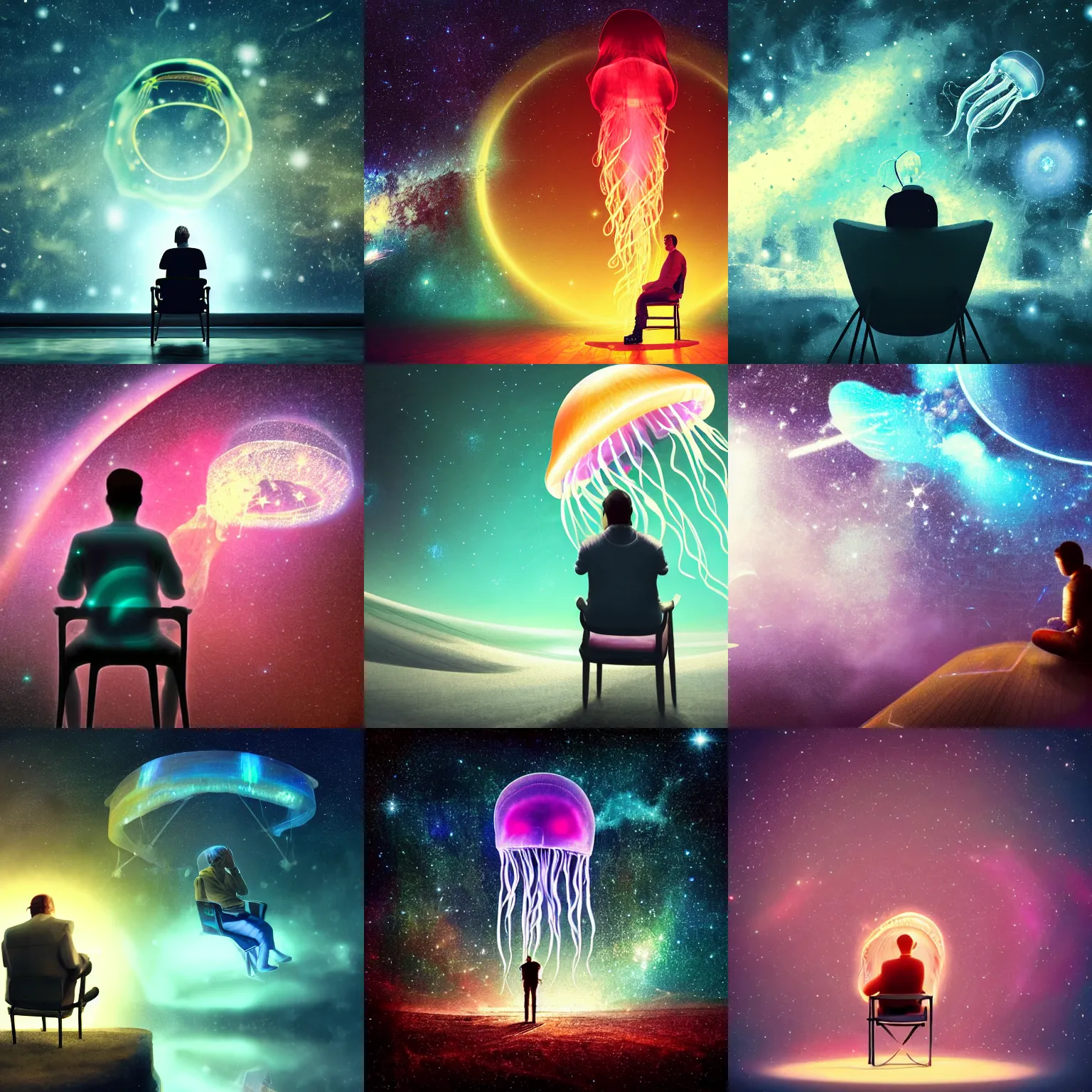 Image similar to over the shoulder photo of a man sitting on a chair while watching a magical glowing jellyfish in cosmic stardust, stars, galaxies, space, award winning photo, intricate, high detail, atmospheric, desolate, artstation