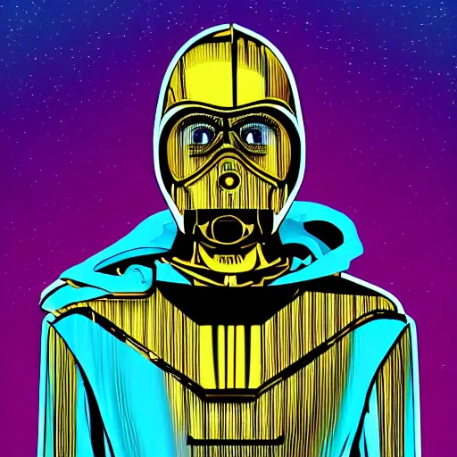 Prompt: vector c 3 po in hoodie, portrait, vaporwave, synthwave, neon, vector graphics, cinematic, volumetric lighting, f 8 aperture, cinematic eastman 5 3 8 4 film