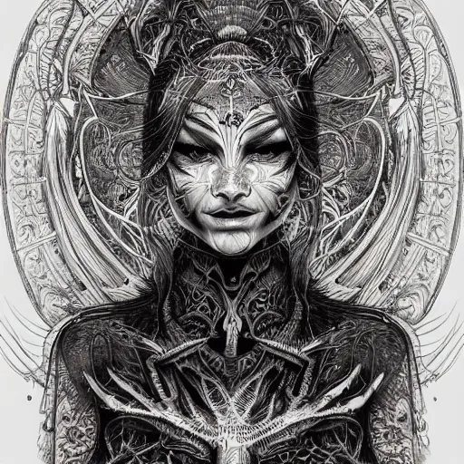 Image similar to holographic interface painted in alex grey and cameron gray style drawn by vania zouravliov and takato yamamoto, inspired by ooioo, intricate wood carving, black and white, 3 d, high detail, sharp high detail, artstation, octane