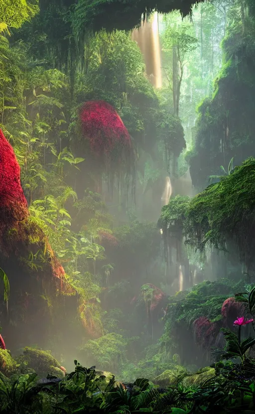 Prompt: a beautiful render of a dark prehistoric rainforest in a humongous cave, lush flora, patches of yellowish - red - magenta sky, sunset lighting, fireflies, floating mountains and a waterfall in the background, intricate detail, hazy, humid, volumetric lighting, god rays, 8 k, photorealistic, raytracing effects, unreal engine 5