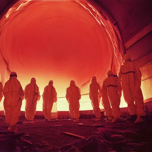 Image similar to wide - shot photo of a group of scientists in hazmat suits, studying a hell open rift portal, by shaun tan, codachrome, hellish, unsettling, otherworldly, blood, machines, 8 k, hd, highly detailed,