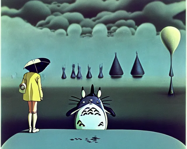 Prompt: ! dream totoro. yves tanguy art. a still from my neighbor totoro, re imagined in the style of yves tanguy. surrealism, dadaism, ghibli