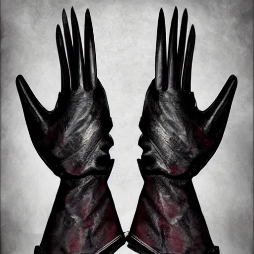 Image similar to gloves with metal claws, old leather gloves with attached talons, pointy fingertips, dark background, highly detailed, 8 k, trending on artstation, mystic, rpg artwork, by peter jackson, by sauron