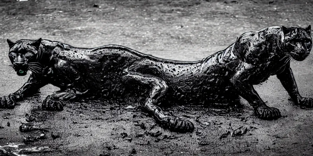 Image similar to a panther, made of ferrofluid, bathing inside the tar pit, full of goo, covered with ferrofluid. dslr, photography, realism, animal photography, color, savanna, wildlife photography