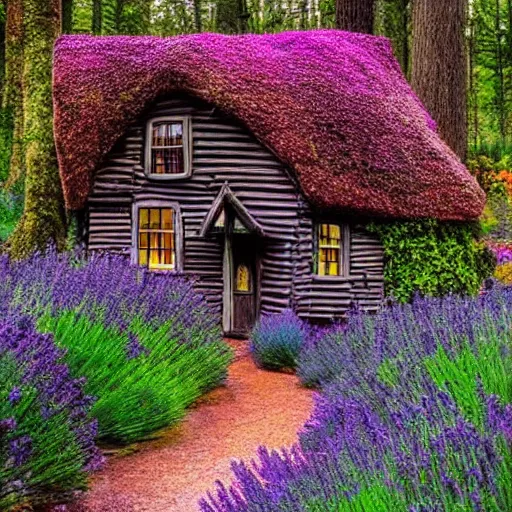 Prompt: a witch cottage made of candy, magical forest, lavender mist, floral, photography by ansel adams