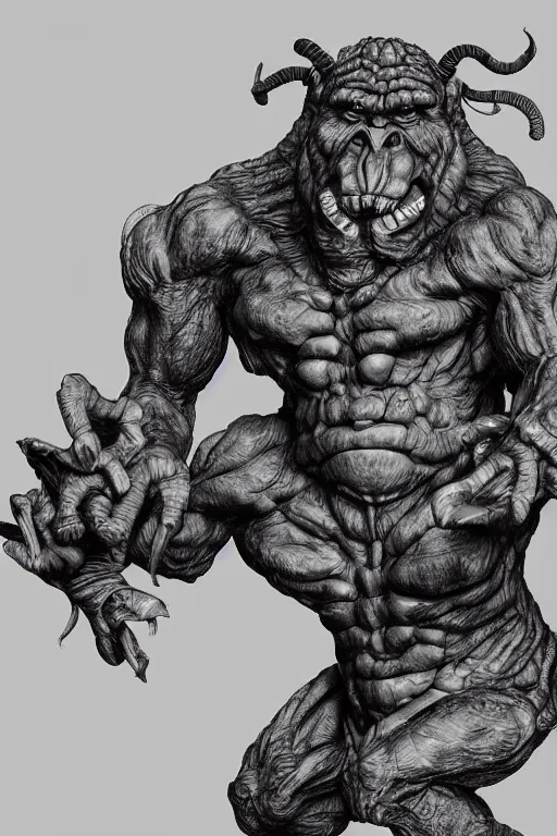 Image similar to humanoid hunched figure troll with 1 horn, ogre, ape, highly detailed, digital art, sharp focus, trending on art station, kentaro miura manga art style