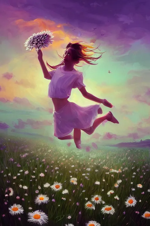Image similar to giant white daisies flower as head, girl jumping in a flower field, surreal photography, sunrise, dramatic light, impressionist painting, colorful clouds, digital painting, artstation, simon stalenhag