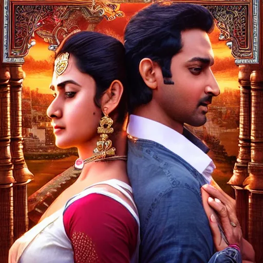 Image similar to perfectly centered bollywood movie promotional poster of anatomically correct hero and heroine romantic pose, faces symmetrical ; real life portrait, ultra realistic, high coherence, intricate, hdr, highly detailed, photorealistic, octane render, 8 k, unreal engine ; art by artgerm, greg rutkowski, charlie bowater, alphonse mucha