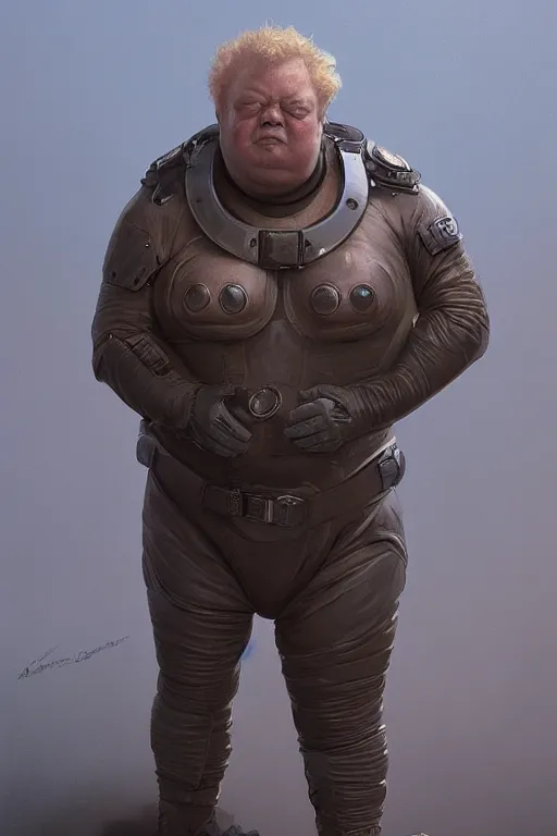 Image similar to upper body portrait of baron harkonnen wearing leather spacesuit, detailed, sand wom in the distance, illustration by normal rockwell, artstation character art, greg rutkowski