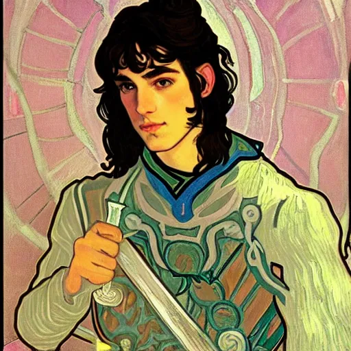 Image similar to painting of young handsome beautiful paladin elf!! man with long wavy dark hair in his 2 0 s named shadow taehyung at the blueberry party, wearing armor!, elegant, clear, painting, stylized, delicate, soft facial features, art, art by alphonse mucha, vincent van gogh, egon schiele,