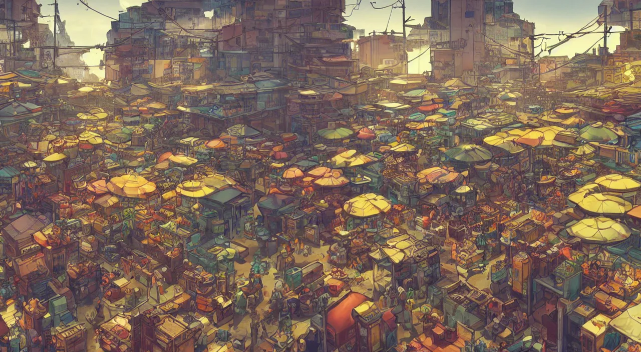 Image similar to a market in metro manila painting stylized digital illustration video game icon global illumination ray tracing that looks like it is from borderlands and by feng zhu and loish and laurie greasley, victo ngai, andreas rocha, john harris