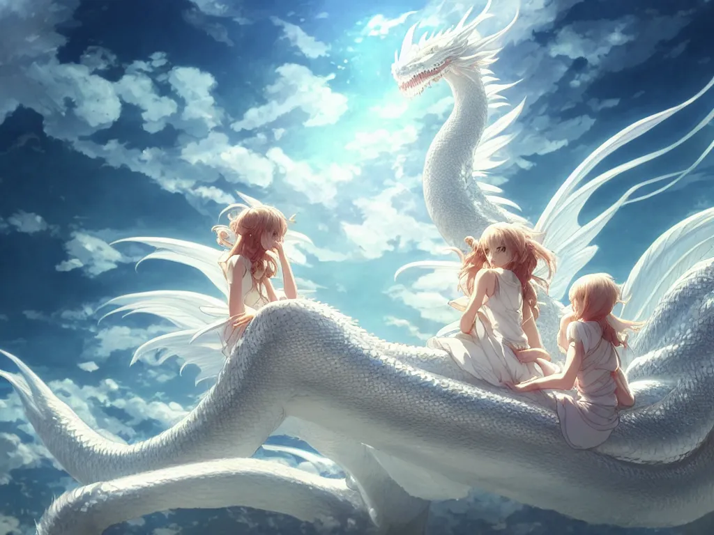 Image similar to the beautiful hyper detailed big scene render that a beautiful girl sitting on the back of a huge silver white dragon alone in fairyland surrounded by white clouds, finely detailed angelic face delicate features, style of studio ghibli, makoto shinkai, artgerm, karol bak, kazuki tanahashi, james jean, ross tran, xision, ultra wide angle