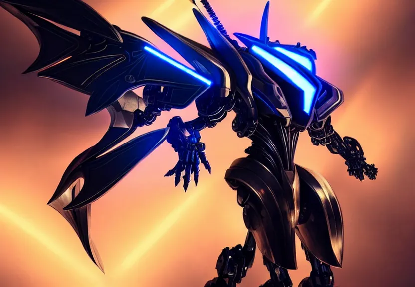 Prompt: cinematic full body shot of stunning quadrupedal mecha dragon, sharp sleek edged black armor, shining gold accents around the edges, sleek OLED blue visor for eyes, sleek dragon legs, two massive wings that take up the frame, walking in busy neon city streets, epic shot, full body shot, highly detailed art, sci fi, furry, 3D realistic, warframe fanart, destiny fanart, furry art, dragon art, feral art, macro art, furaffinity, DeviantArt, sofurry