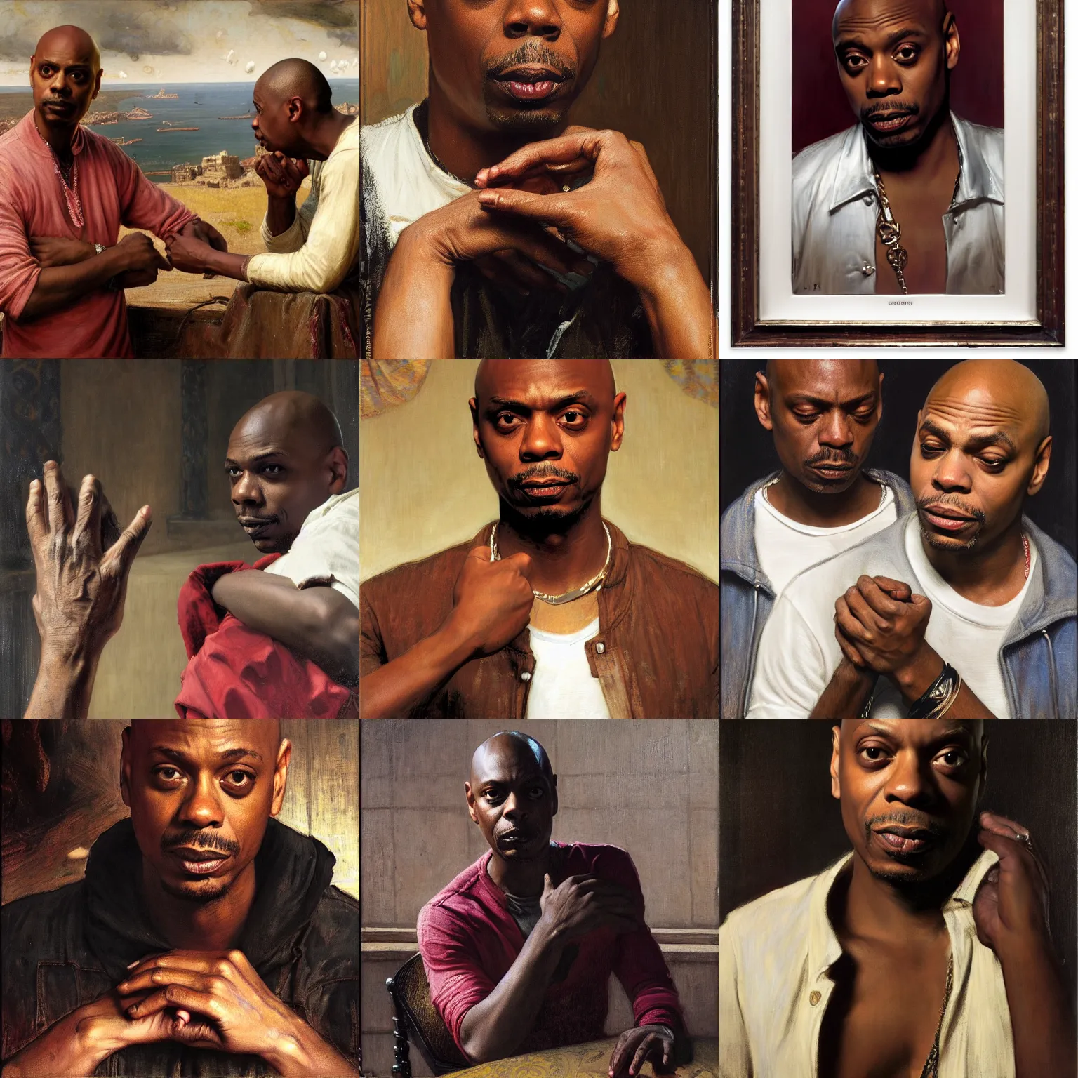 Prompt: Dave Chappelle crackhead rubbing hands intricate portrait by john william waterhouse and Edwin Longsden Long and Theodore Ralli and Nasreddine Dinet, oil on canvas. Cinematic, hyper realism, dramatic lighting, high detail 8k