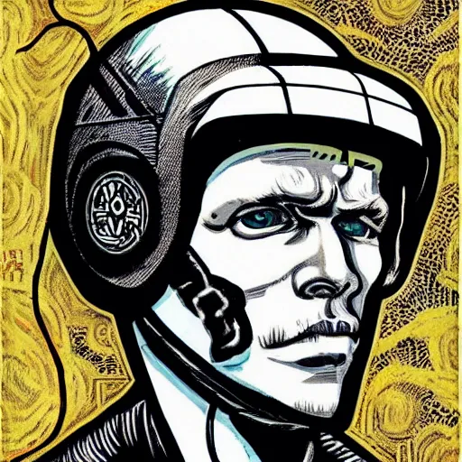 Image similar to Illustrated by Shepard Fairey and H.R. Giger | Cyberpunk Van Gogh with VR helmet, surrounded by cables