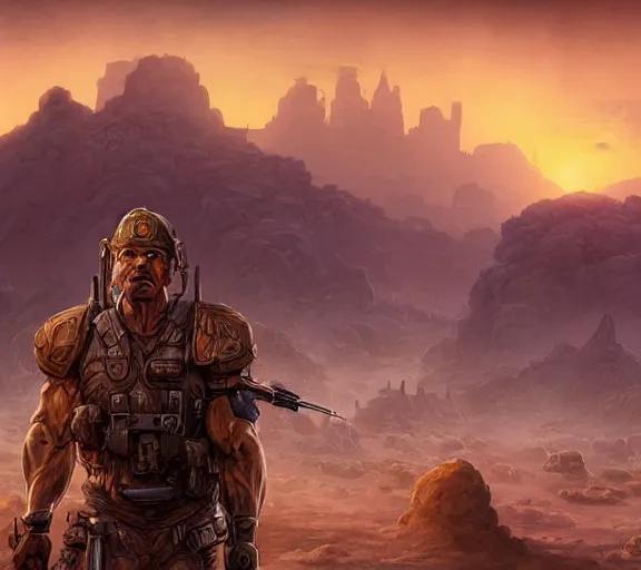 Image similar to detailed concept illustration, matte painting, strong muscular older soldier roaming through desert with city in the skyline, two suns, purple sky orange colors, ant aliens at the horizon, sharp focus, illustration, highly detailed, digital painting, concept art, matte, art by wlop and artgerm and greg rutkowski, masterpiece