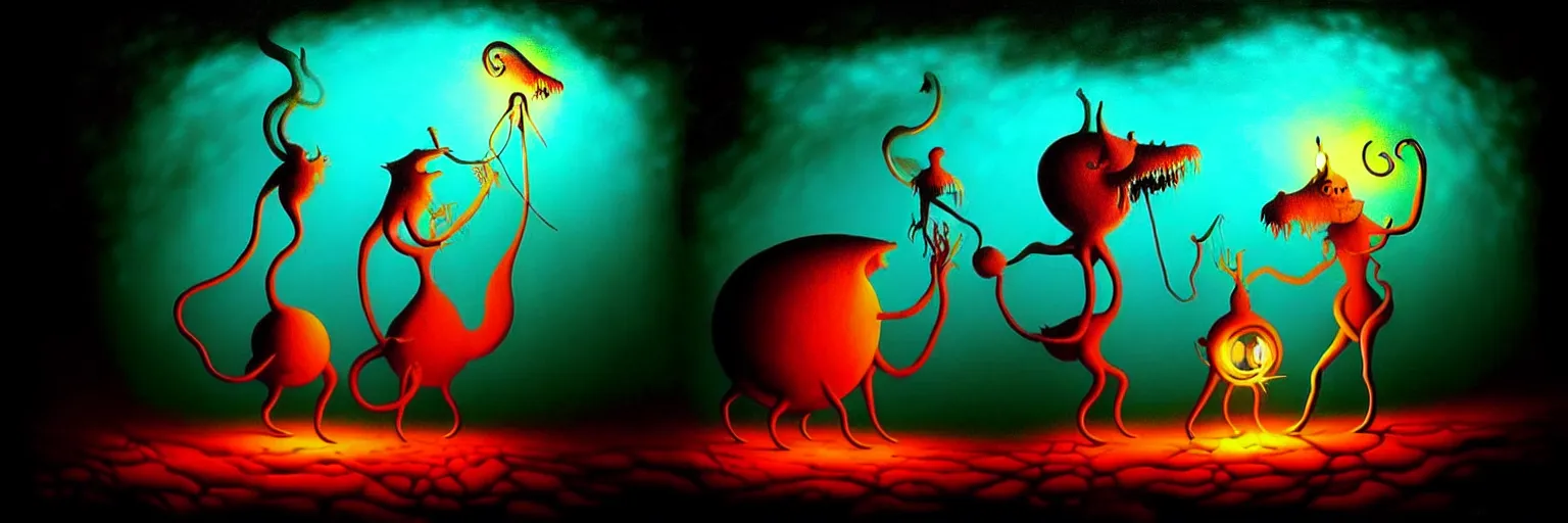 Image similar to whimsical creatures from the depths of the imagination, dramatic lighting from fire glow, surreal dark uncanny painting by ronny khalil
