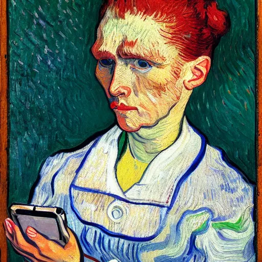 Image similar to a vivid portrait by van Gogh, she is holding a smartphone, oil on canvas, trending on artstation