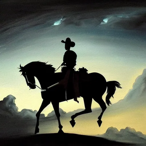 Prompt: a painting of a cowboy riding a horse into the dark horizon, high contrast, black and blue color scheme, dark, creepy, night