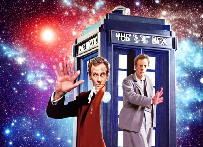 Image similar to product photo still of vhs cover of hugh laurie as doctor who in front of a nebula through the open door of the tardis printed on a vhs box on a table