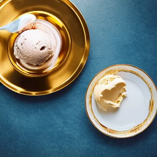 Prompt: ultra realistic photo of a cup of ice cream in golden cup with rich details and luxury plates