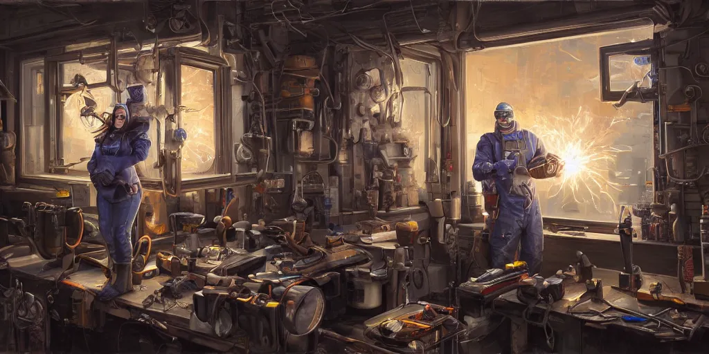 Prompt: highly detailed portrait painting of welder and angelina joile posing, mono eye window, workbench, symmetrical perfect eyes, by eddie mendoza and tyler edlin, 8 k resolution