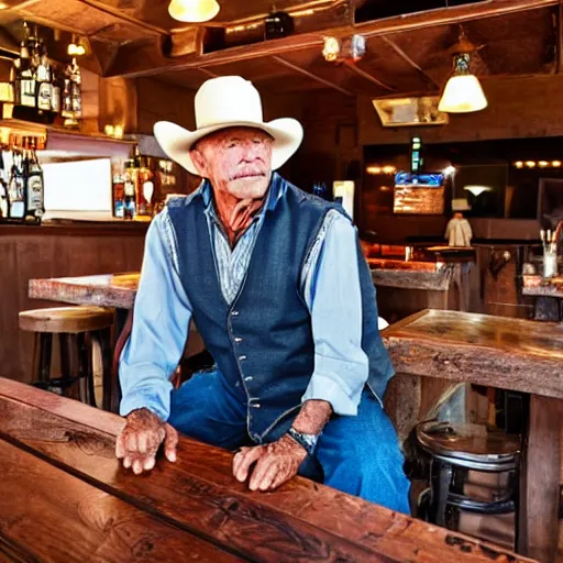 Image similar to an old western cowboy in a modern bar, realistic