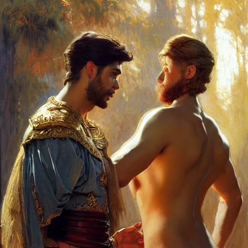 Image similar to attractive fully clothed king confesses his love for his attractive fully clothed male prince. highly detailed painting by gaston bussiere, craig mullins, j. c. leyendecker 8 k