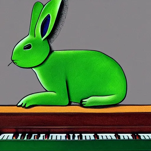 Image similar to green rabbit playing a piano hyperrealism