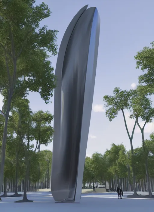 Prompt: highly detailed architecture render of a huge high futuristic metallic stele sculpture in the style of zaha hadid standing in city park, archdaily, made in unreal engine 4