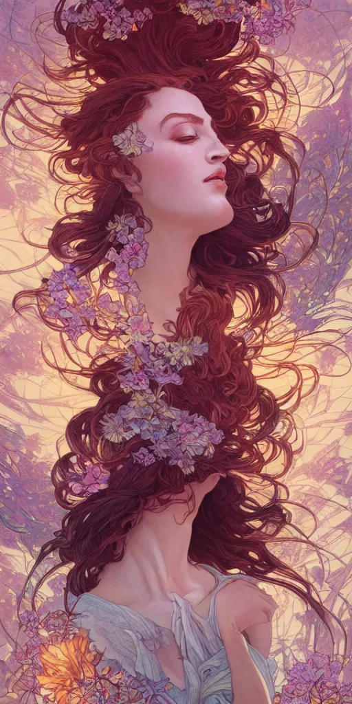 Image similar to Portrait of phoenix surrounded by spirit waves while rising from a chasm with flowers blossoming, fantasy, intricate, elegant, highly detailed, digital painting, artstation, concept art, smooth, sharp focus, illustration, art by Fernanda Suarez and Artem Demura and alphonse mucha