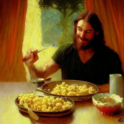 Image similar to Jesus eating mac n’ cheese, painting by Gaston Bussiere, Craig Mullins