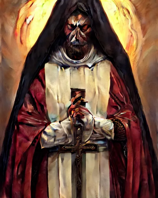 Image similar to realistic portrait of a nasty bishop, cross, evil, heroic pose, beautiful face, bible, full body, dramatic lighting, intricate, wild, highly detailed, digital painting, artstation, concept art, smooth, sharp focus, illustration, art by artgerm and greg rutkowski and alphonse mucha, footage from space camera