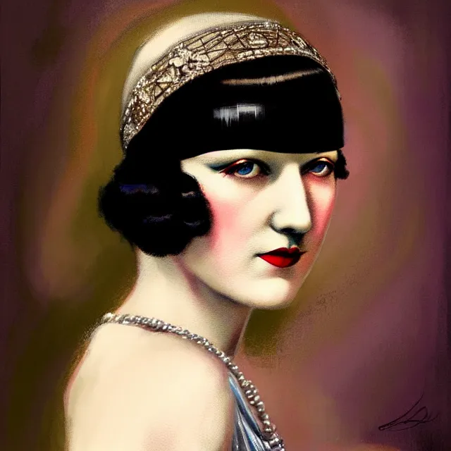 Image similar to 1 9 2 0 s woman in a flapper photo portrait, atmospheric lighting, painted, intricate, ultra detailed, well composed, best on artstation, cgsociety, epic, stunning, gorgeous, intricate detail, wow, masterpiece, by dave dorman