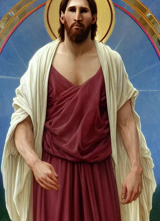 Image similar to portrait lionel messi as jesus, full length shot, shining, 8 k highly detailed, sharp focus, illustration, art by artgerm, mucha, bouguereau