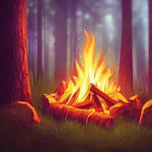 Prompt: beautiful close up zoom up campfire in the woods at night, warmth, stylized, artgerm, artstation, hd, cgsociety, cgi, realistic, dramatic, cinematic, artistic, trending, detailed