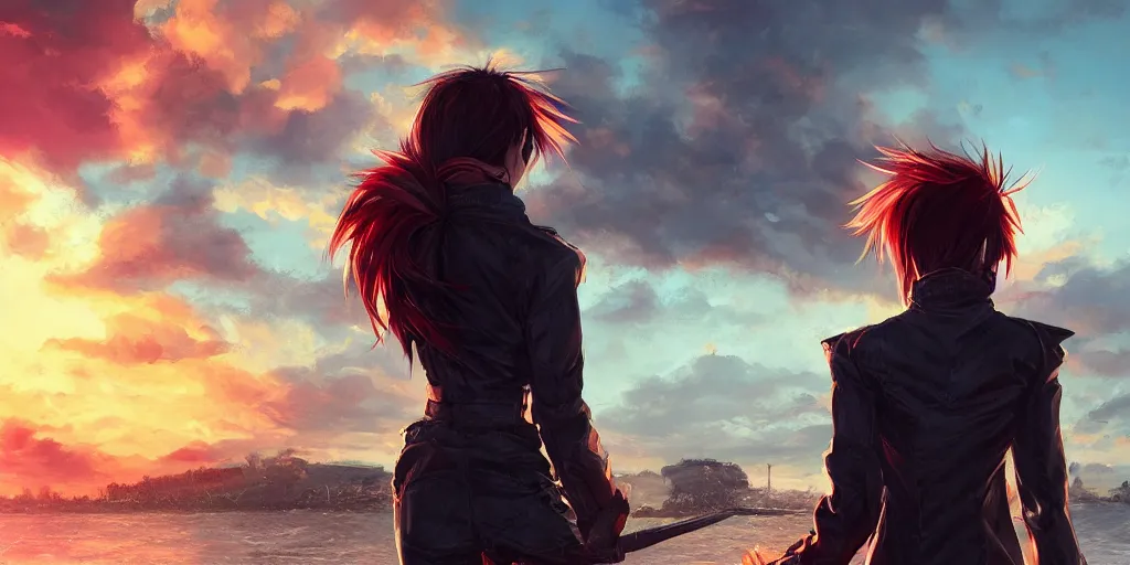 Image similar to back shot of one beautiful women in punk jacket gazing back into distance land, holding two swords. digital art by wlop. artstation contest winner, cinematic paint. lower shot. fiery dramatic cloud in background.