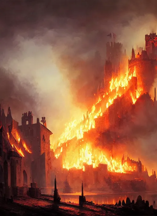 Prompt: a medieval castle burns, epic atmosphere, by greg rutkowski, nature by asher brown durand, composition by yoshitaka amano