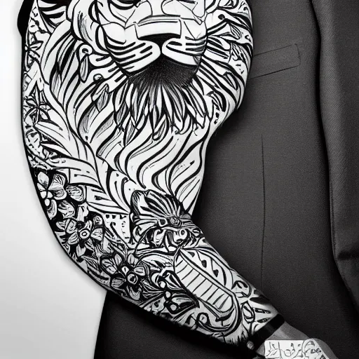 Image similar to black and white tattoo design on white background, semi-profile portrait of a proud and strong lion, side view, in a suit with a Lilly on the lapel, royal, stylized, surrounded by decorative flowers, art deco