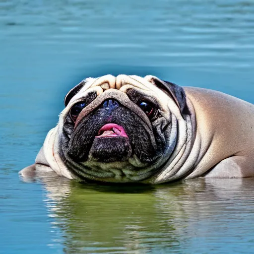 Image similar to a Manatee-Pug Hybrid, A Manatee that looks like a pug, huge tusks, afternoon hangout, good times photograph, candid