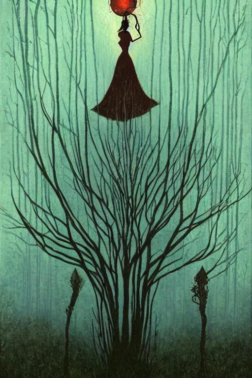 Image similar to tarot card, haunted woods, Art nouveau, by andy kehoe